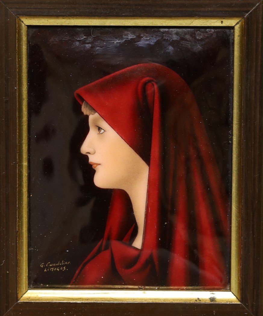 A framed Limoges enamel plaque of Fabiola, after Henner, 10cms x 13.5cms high